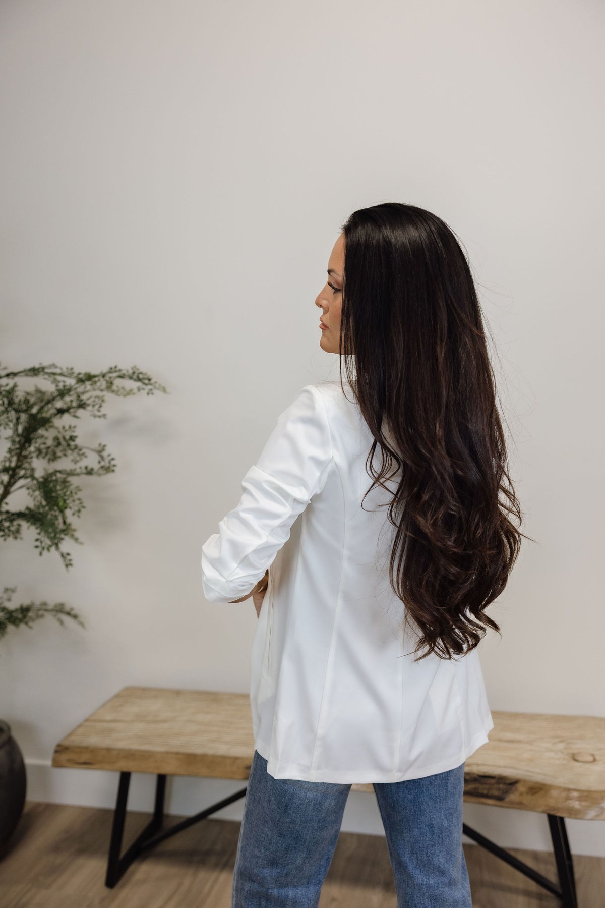 COLLARLESS RUCHED SLEEVE LONGLINE BLAZER
