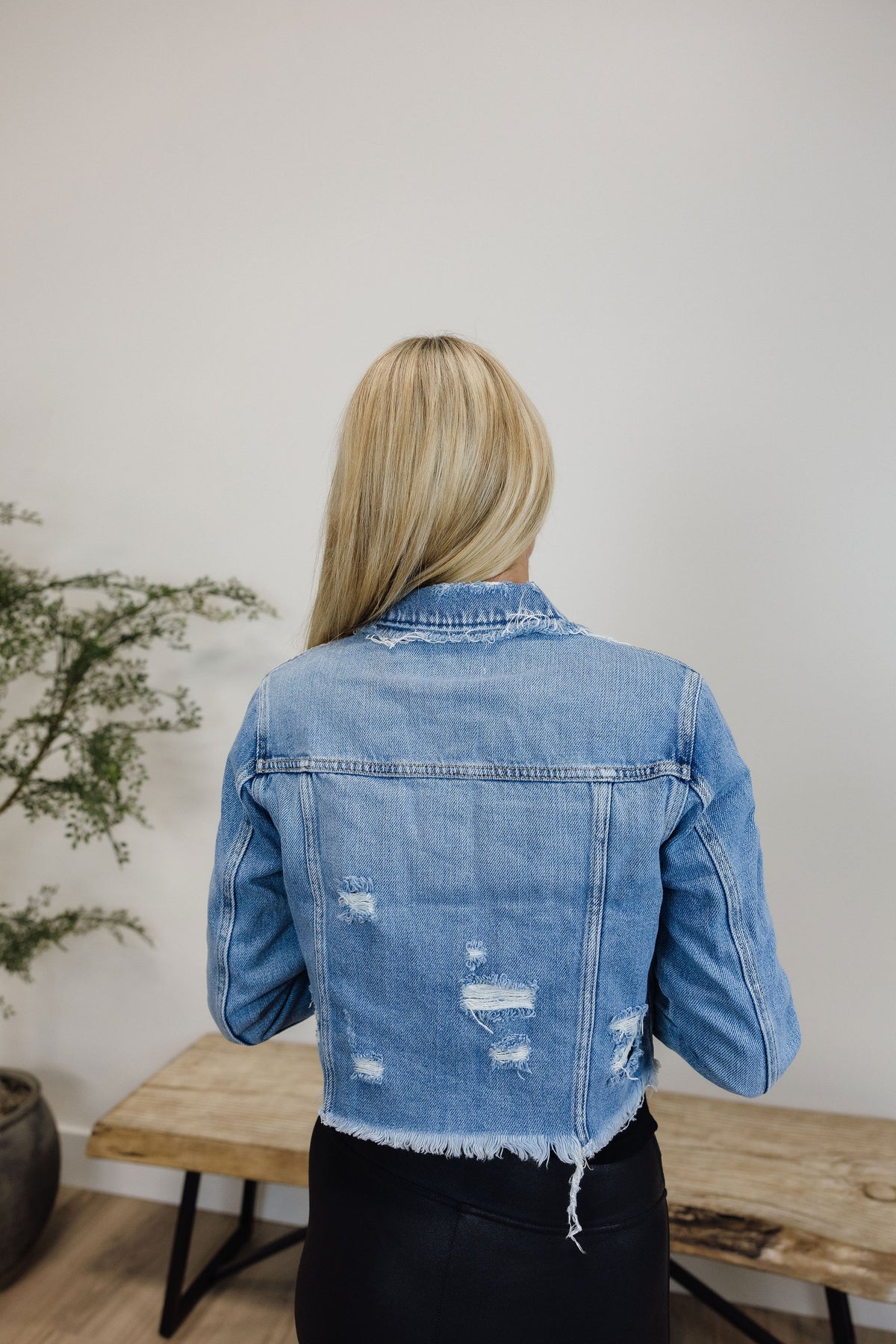 Cropped Frayed Hem Denim Jacket | KanCan