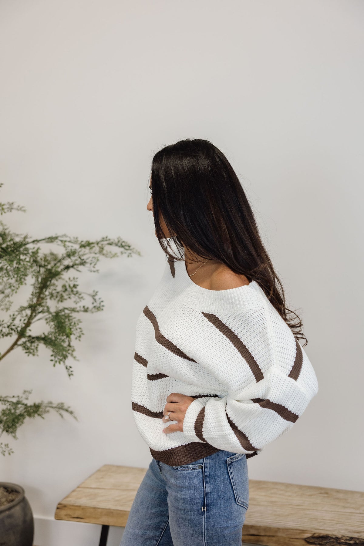 SLOUCHY ONE SHOULDER OFF STRIPE OVERSIZED KNIT SWEATER