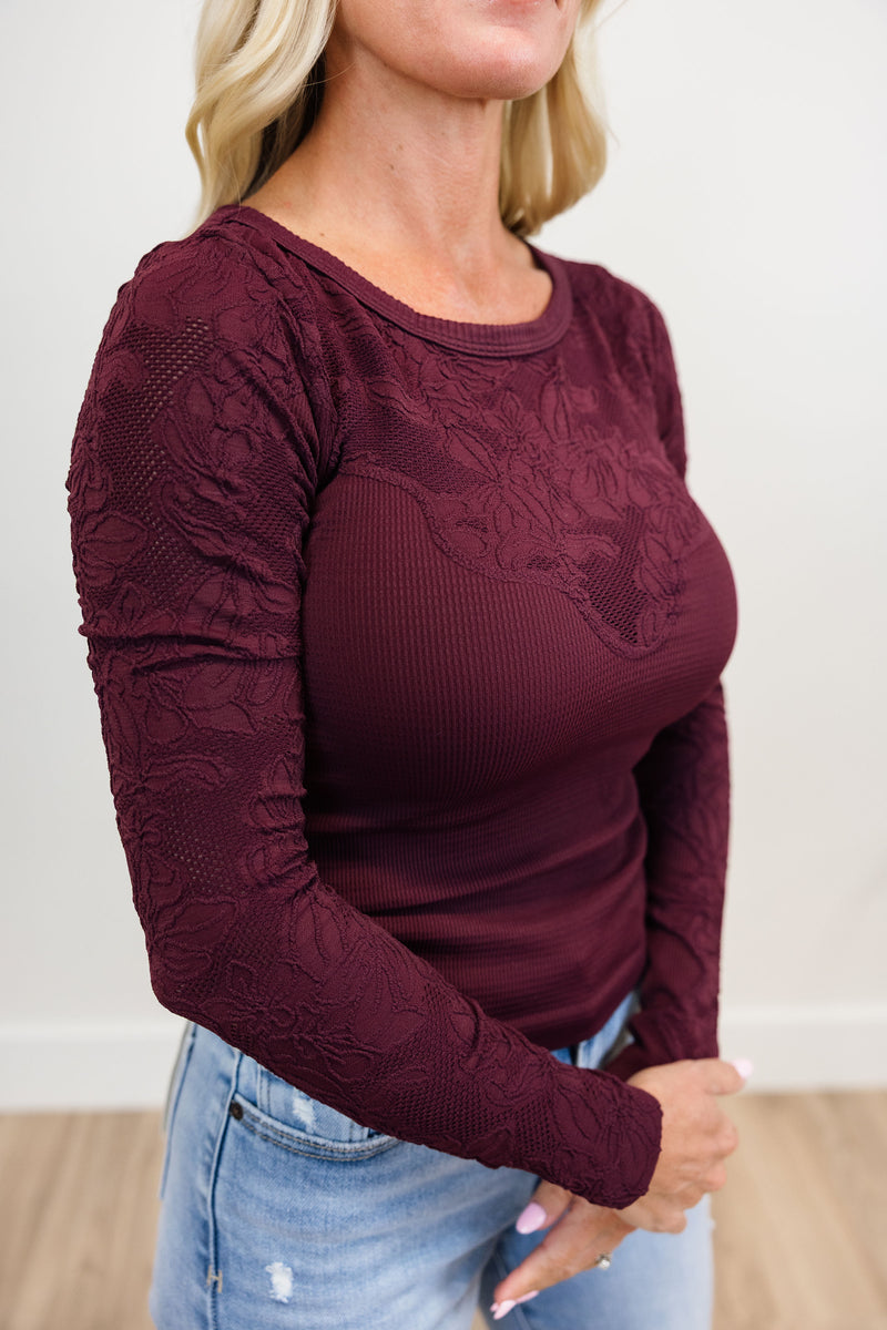 Floral Lace Yoke Ribbed Top