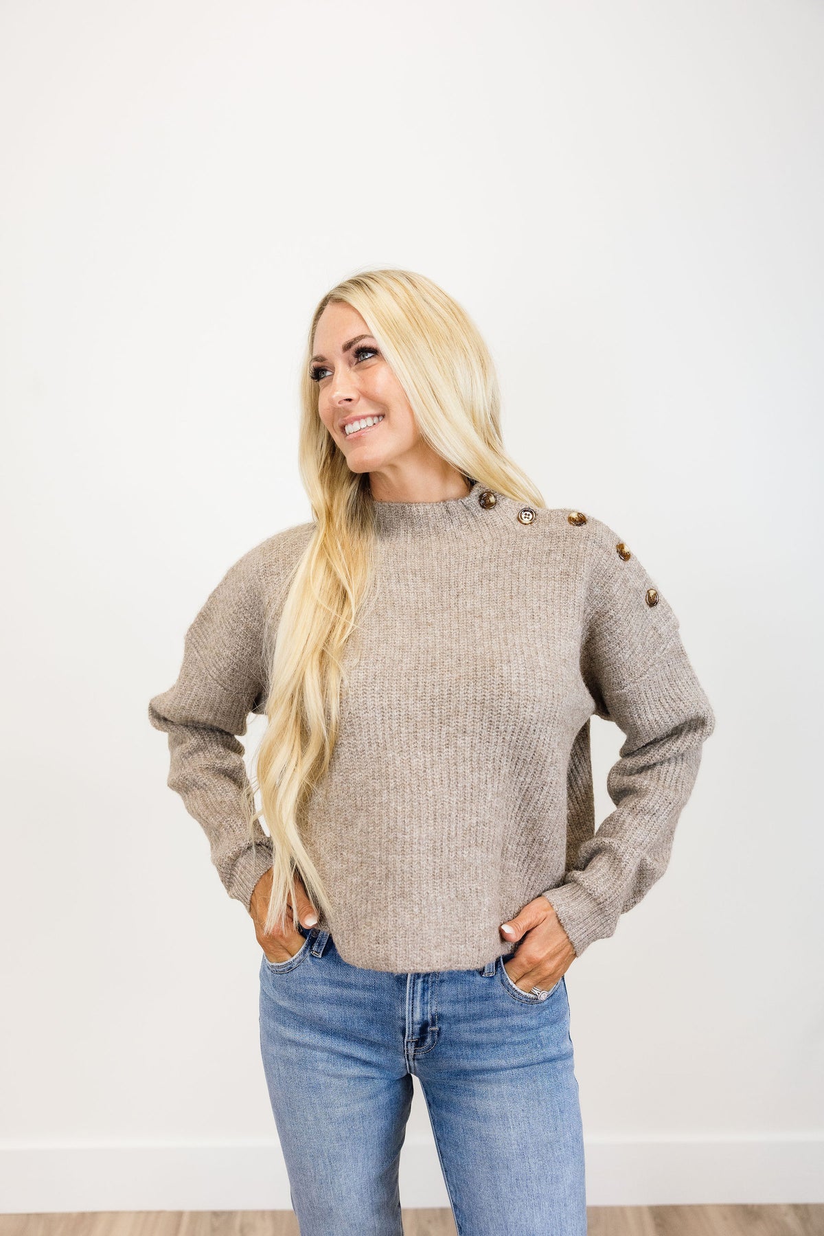Button Shoulder Ribbed Sweater