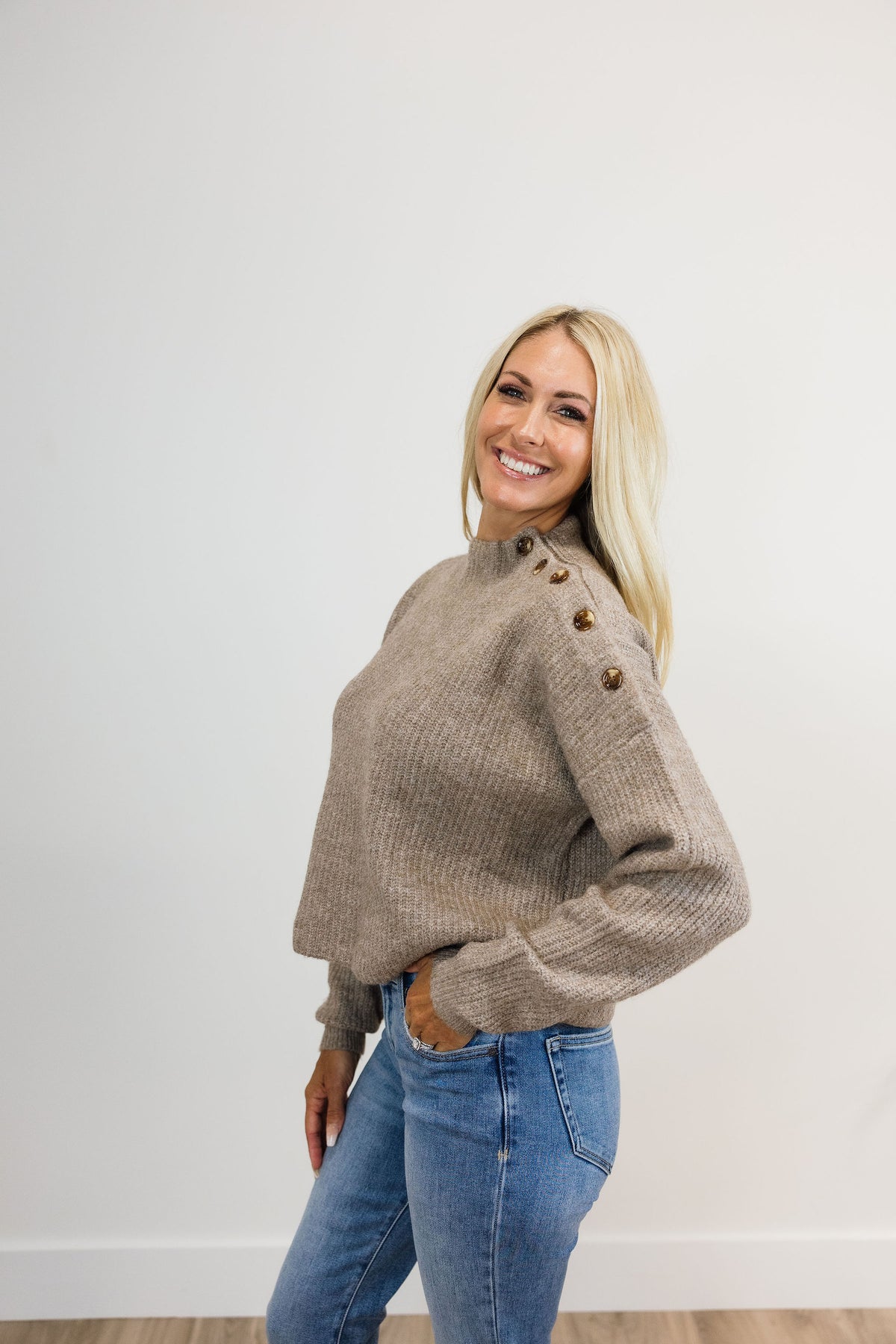 Button Shoulder Ribbed Sweater