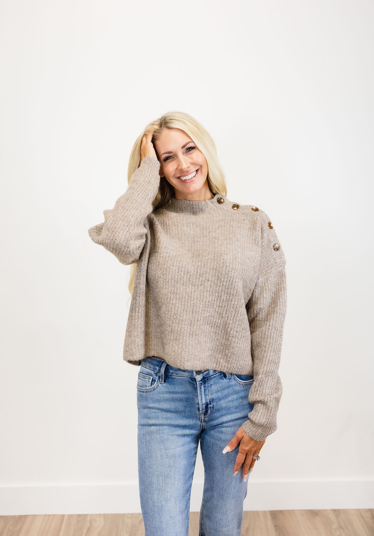Button Shoulder Ribbed Sweater
