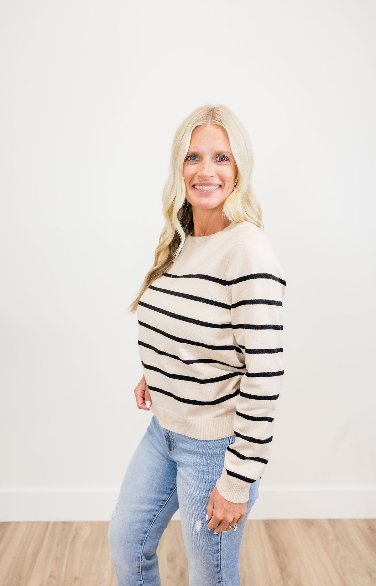 Sand/Black Fine Gauge Striped Sweater