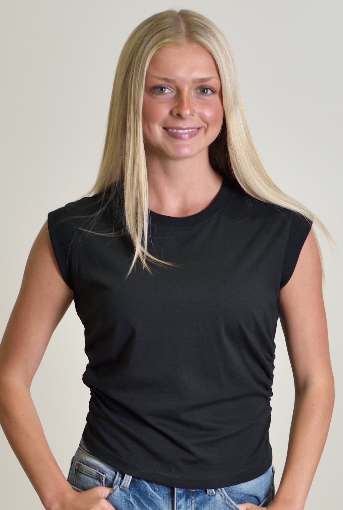 Ruched Waist Sleeveless Cotton Top