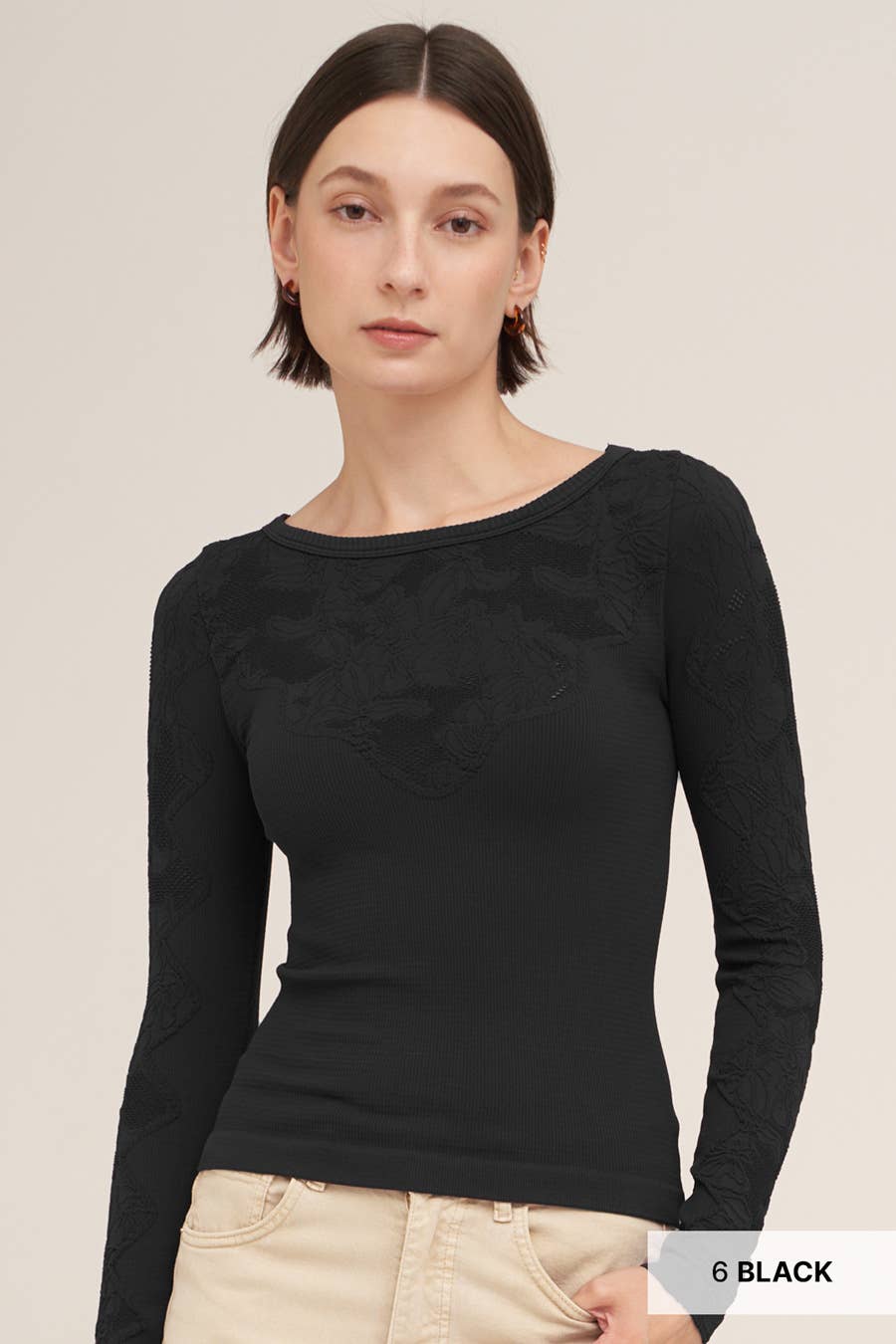 Floral Lace Yoke Ribbed Top